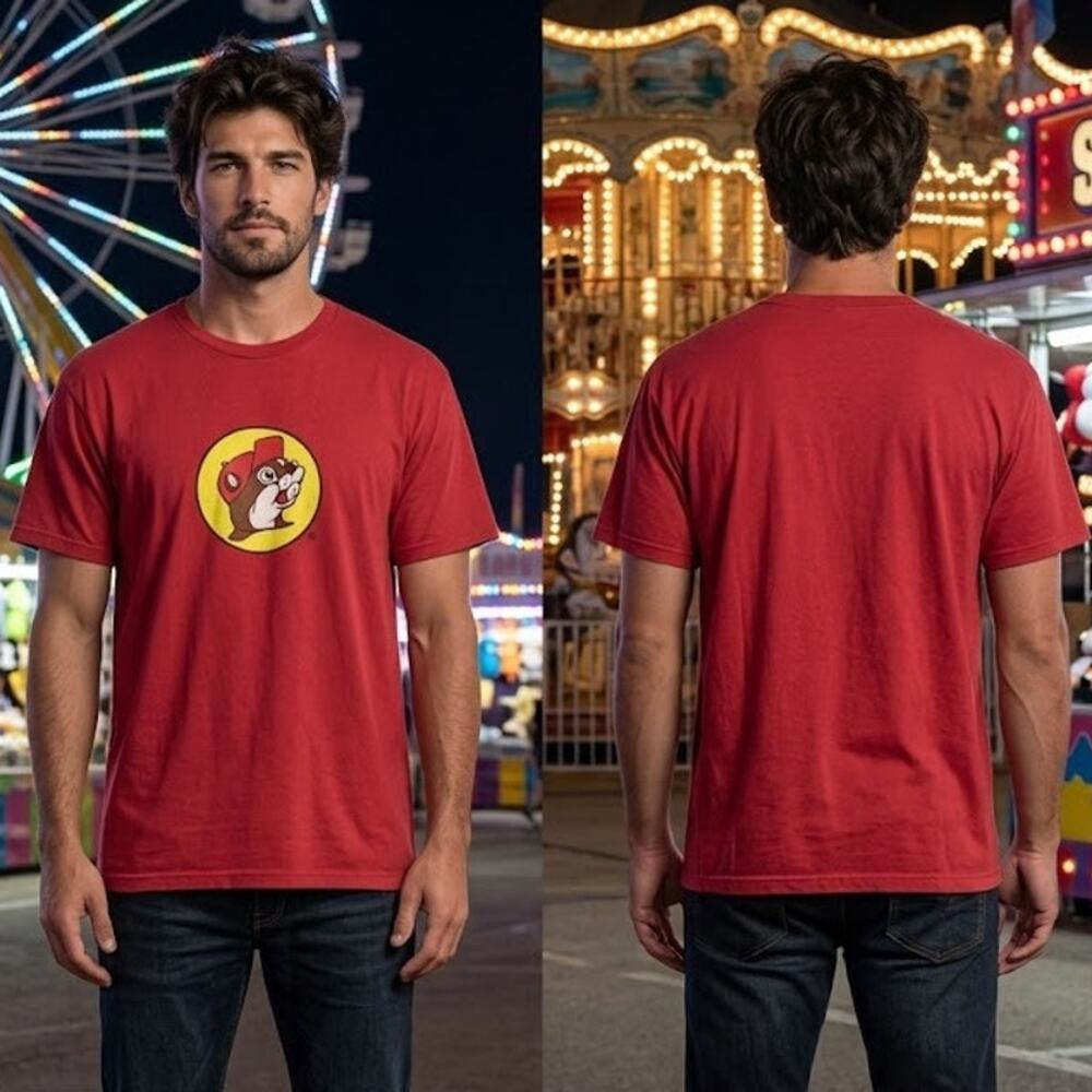 Buc-ee's Beaver Logo Red Graphic T-Shirt Men's Size Large 44 Chest Gas Station